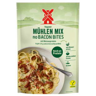 veganer Mühlen Mix no Bacon Bites - vegane Bacon Bites Trockenmischung zum Anrühren. Abbildung Verpackung Vorderseite