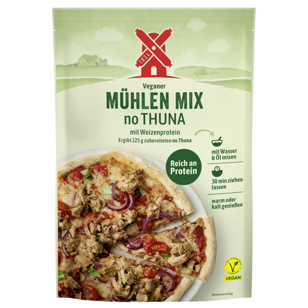 veganer Mühlen Mix no Thuna - vegane Trockenmischung zum Anrühren. Abbildung Verpackung Frontseite