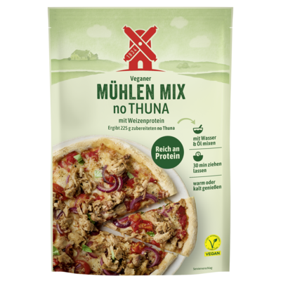 veganer Mühlen Mix no Thuna - vegane Trockenmischung zum Anrühren. Abbildung Verpackung Frontseite