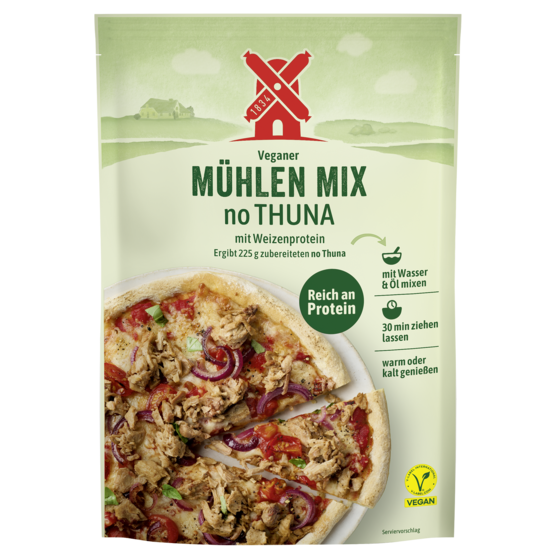 veganer Mühlen Mix no Thuna - vegane Trockenmischung zum Anrühren. Abbildung Verpackung Frontseite