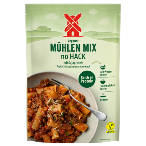 veganer Mühlen Mix no Hack - vegane Hackfleisch Trockenmischung zum Anrühren. Abbildung Verpackung Vorderseite