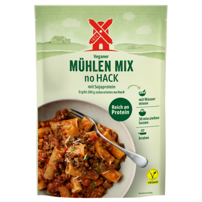veganer Mühlen Mix no Hack - vegane Hackfleisch Trockenmischung zum Anrühren. Abbildung Verpackung Vorderseite