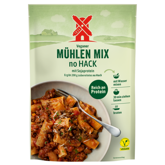 veganer Mühlen Mix no Hack - vegane Hackfleisch Trockenmischung zum Anrühren. Abbildung Verpackung Vorderseite